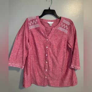 Christopher & Banks Red 3/4 sleeve linen blend western boho shirt size PL
